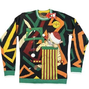 NEW Blizzard Bay CAT playing DRINK HOLDER Retro Fun‎ Ugly Christmas Sweater Sz S